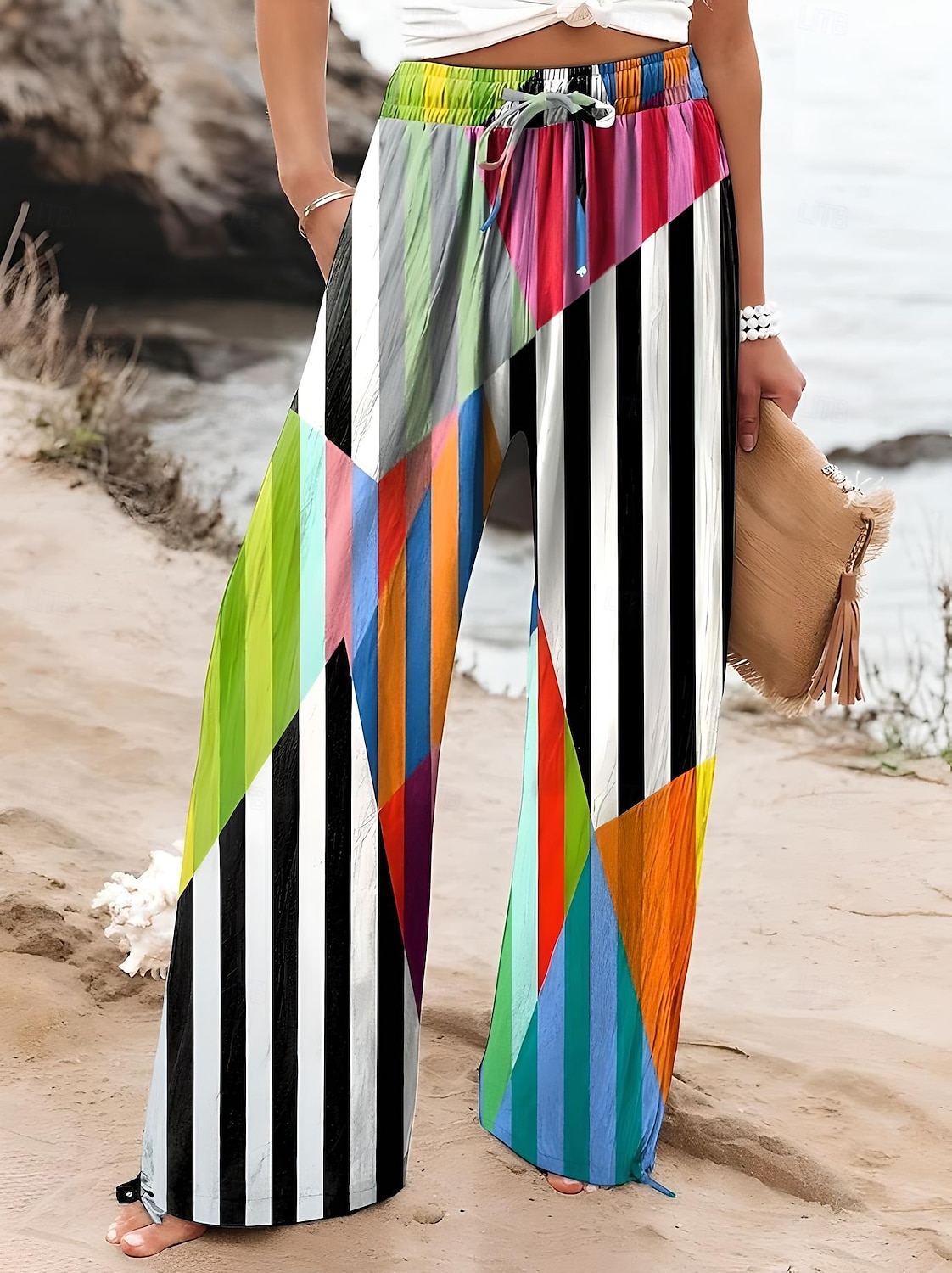 Femmes Culottes Jambe Large Jambe large Chinos Vacances ancien Style Ethnique Longueur complète Taille haute Graphique Dégradé Rayé Séchage Rapide Respirabilité Doux Non Elastique Formel Extérieur de 2025 ? $24.99 –P2