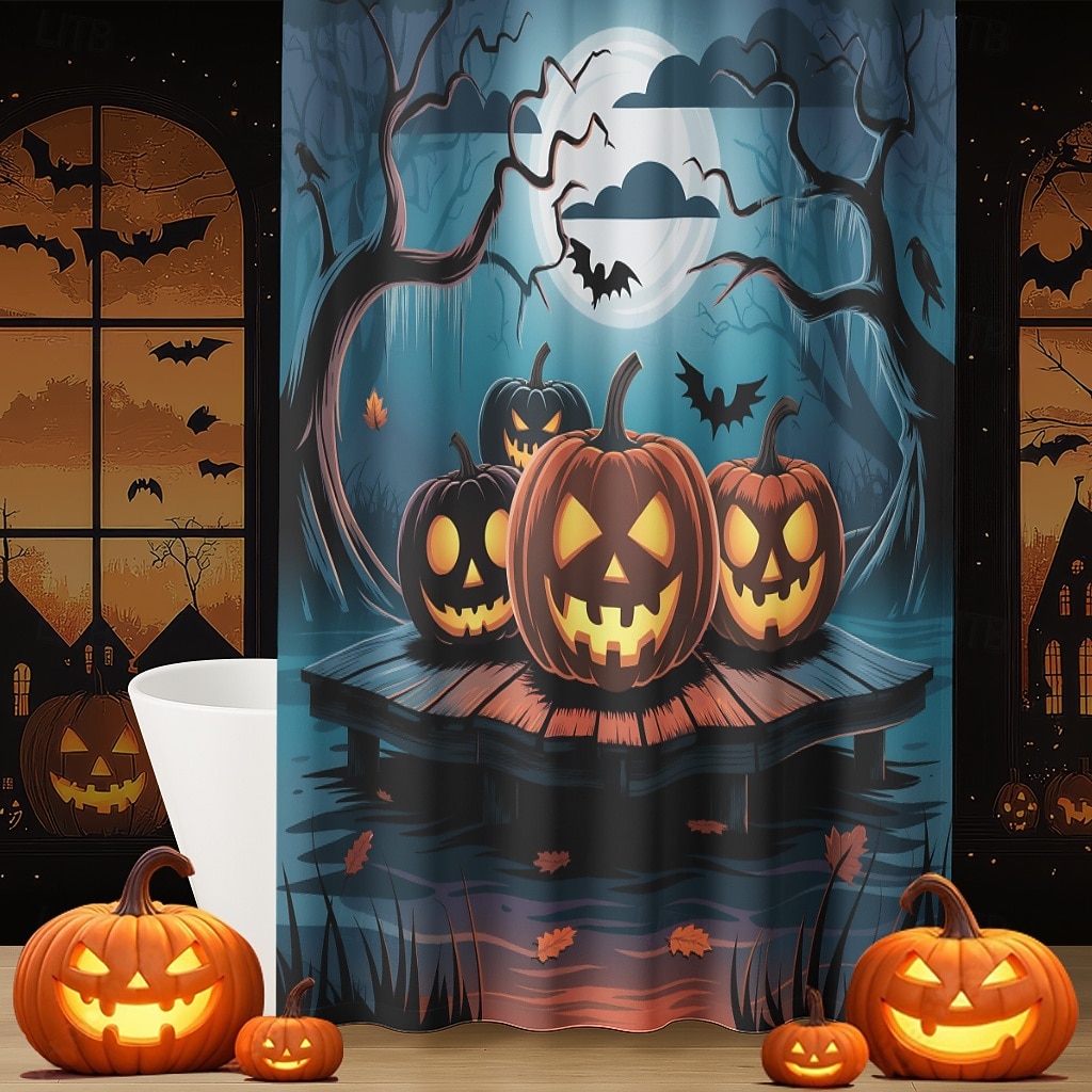Halloweenský sprchový závěs s háčky, polyesterový, pratelný, voděodolný, vzorovaný, koupelnová vana, dekorace 2025 - $21.99 –P5