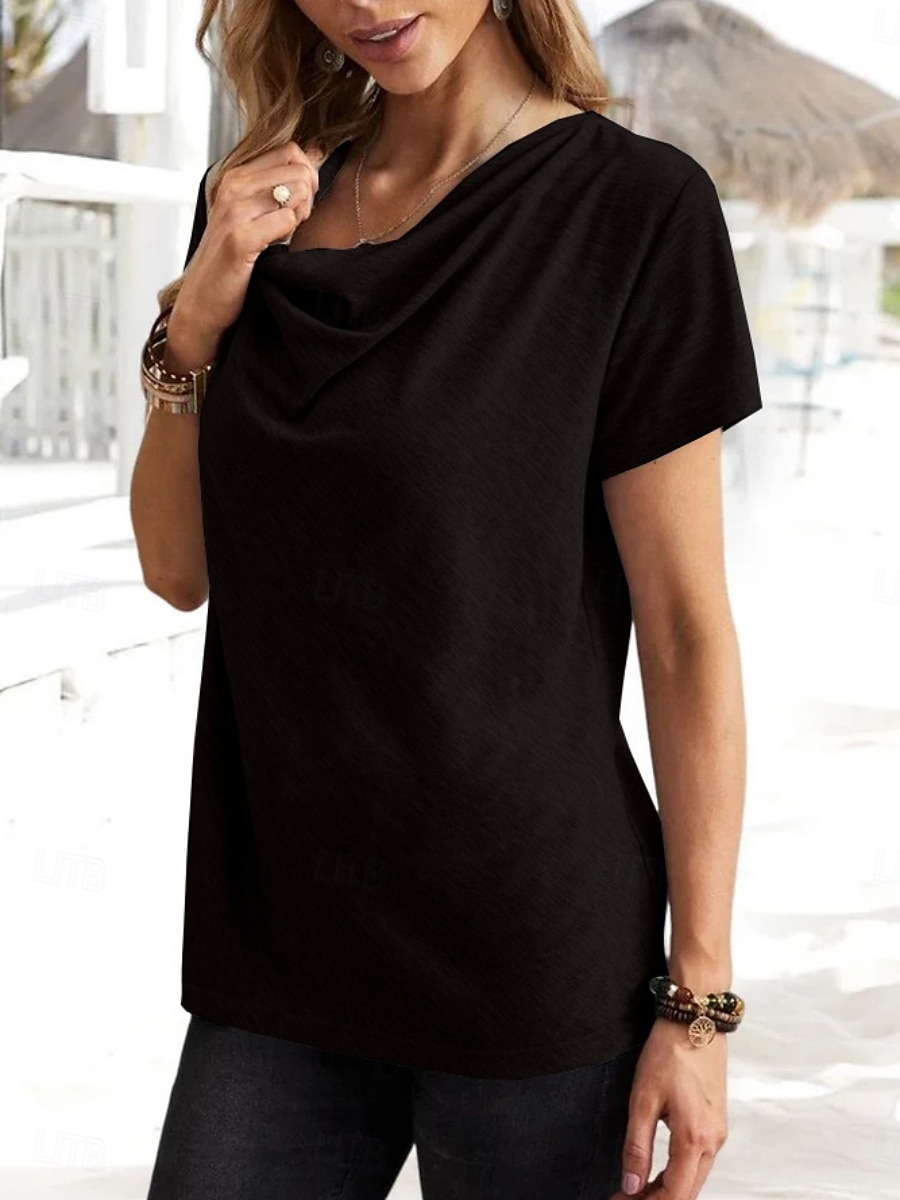 Dame T skjorte عادي Klassisk Moderne Fritid Kortermet Cowl-hals Vanlige topper Daglig Helg Svart Rosa Blå Grønn Grå Sommer Vår 2025 - $16.99 –P12