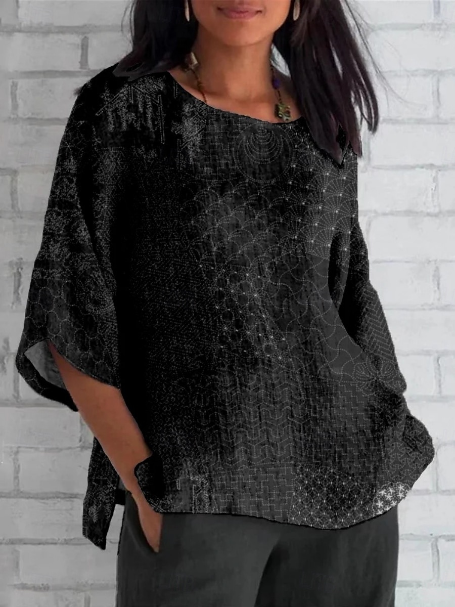 Dames Overhemd Afdrukken Kleurenblok Vintage Dagelijks Casual 3/4 mouw Strakke ronde hals Normale tops Dagelijks Feestdagen Zwart Marineblauw Zomer Lente Herfst 2026 - $34.99 –P3