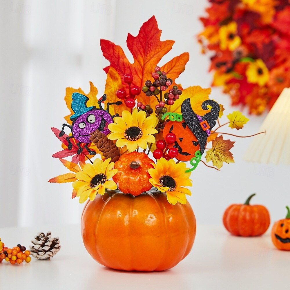 enfeite de mesa de outono de Halloween com abóbora falsa, folhas de bordo e luz LED para o festival da colheita de outono, decoração de cena assustadora de Halloween para casa e festa de outono de 2025 por $20.99 –P11