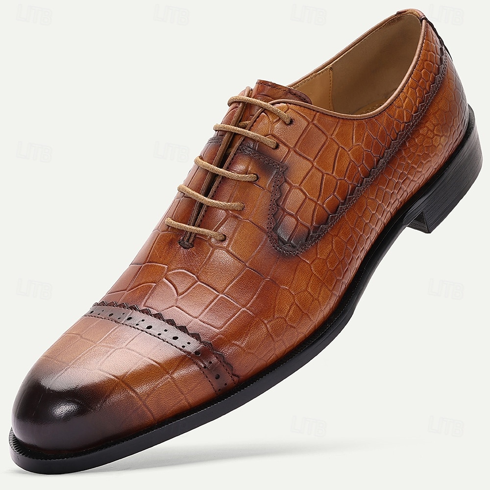 Sapatos oxford masculinos de couro de crocodilo marrom com relevo – sapatos sociais clássicos para homens de negócios e convidados de casamento de 2025 por $94.99 –P1