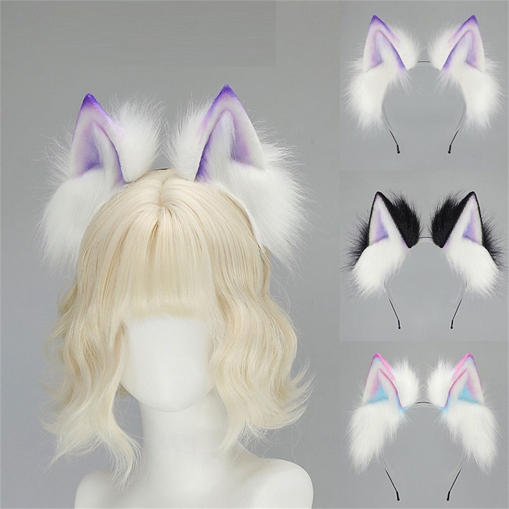 Bandă de păr cu urechi de pisică cu gradient de dopamină, cu urechi de vulpe și lup întunecate – urechi de animale lucrate manual pentru Halloween, cosplay, petrecere și jocuri de rol 2025 - $33.99 –P1