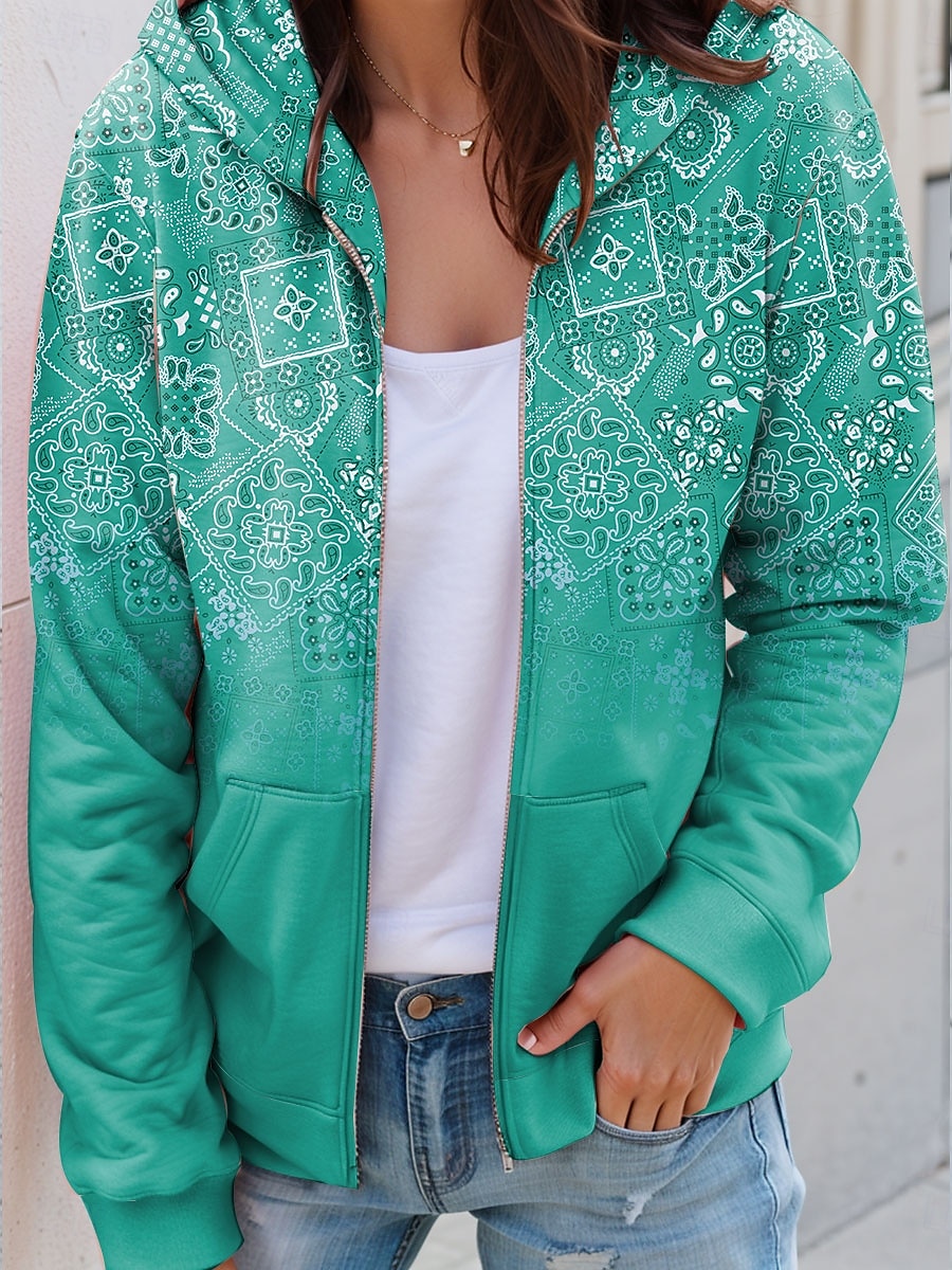 Kvinnors dragkedja hoodie grafisk geometrisk paisley mode avslappnad lång ärm huva vanlig toppar gata dagliga kläder ficka tryck röd blå lila grön vår höst 2025 - $27.99 –P3
