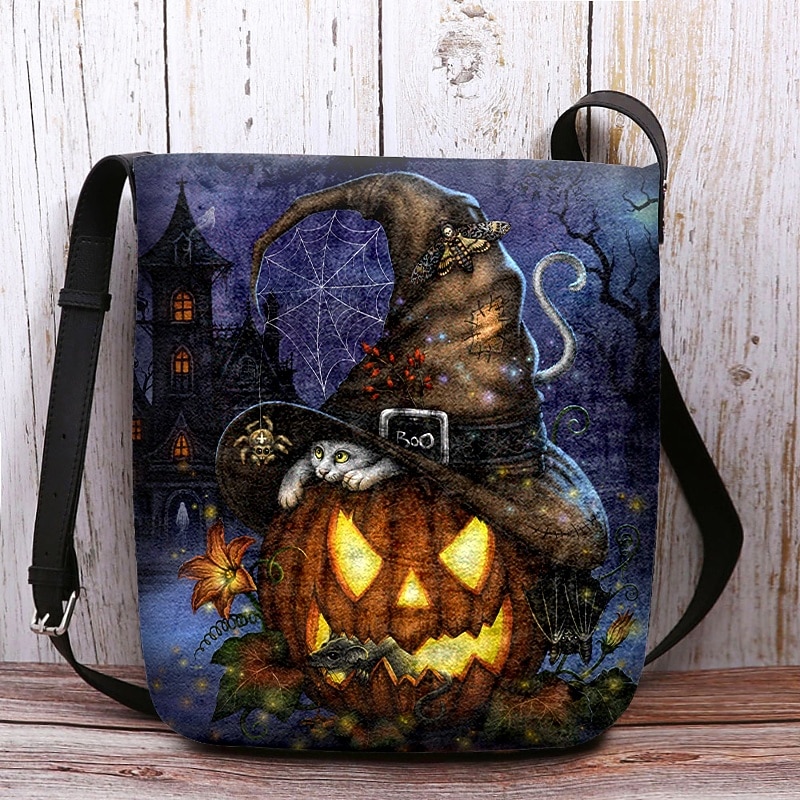 női halloweeni tökös crossbody táska - boszorkánykalap és macskaminta, állítható pánttal, könnyű, bolyhosított válltáska, tökéletes ünnepi bulikra és trick or treat eseményekre 2025 - $19.99 –P3
