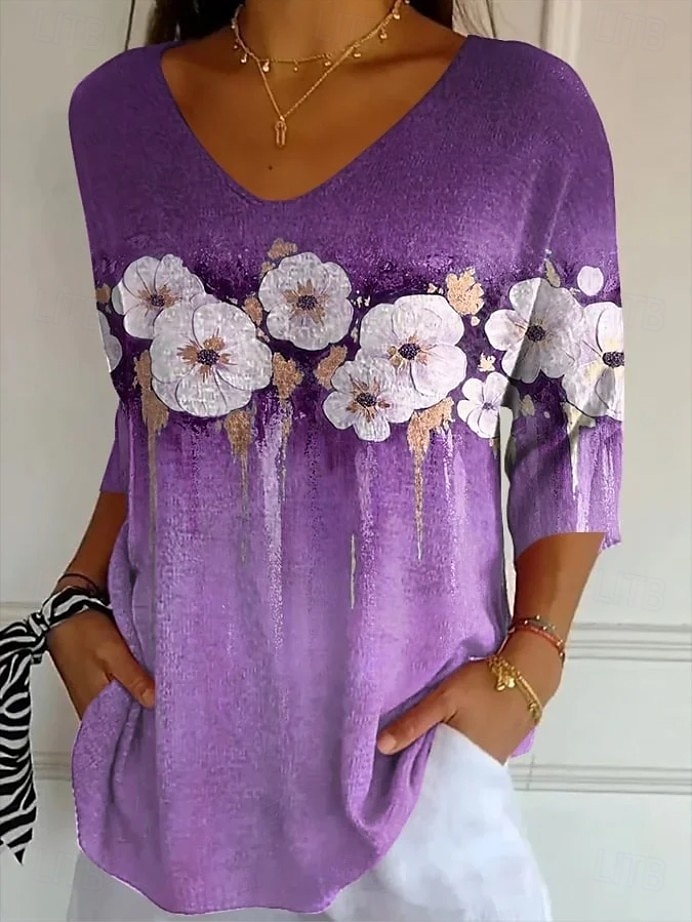 Dame Bluse Blomstret Grafisk Årgang Tropisk Stilfull 3/4 ermer V-hals Vanlige topper Daglig Blå Lys Lilla Lilla Sommer Vår Høst 2025 - $25.99 –P2