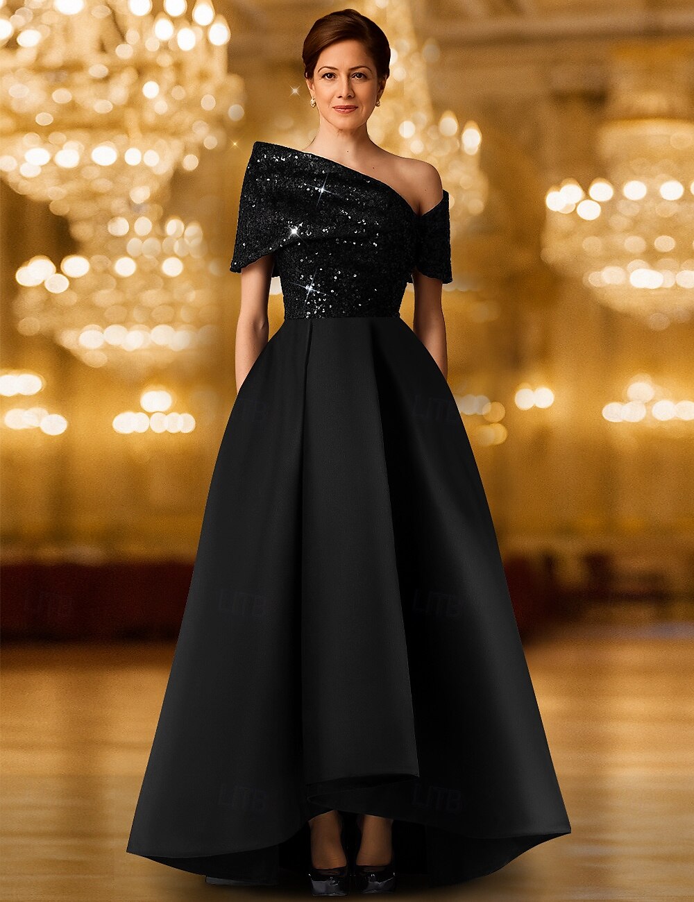 Robe de soirée trapèze à paillettes et cravate noire, élégante, longueur au sol, manches courtes, une épaule, poche, satin extensible avec châle pailleté, 2025 de 2025 ? $142.99 –P2