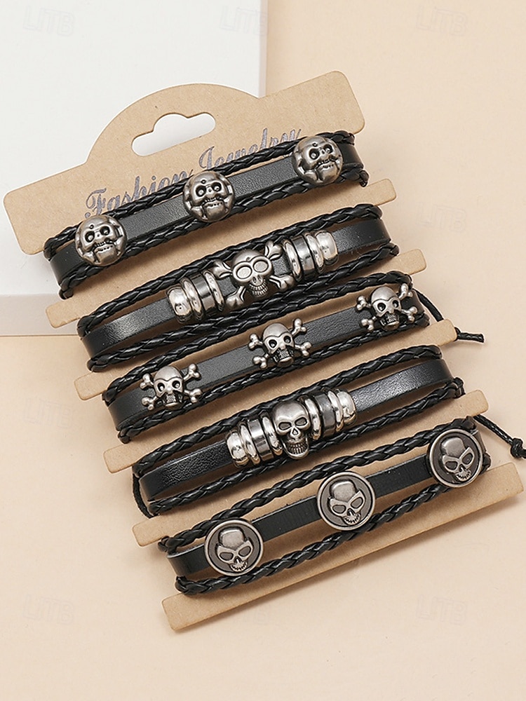 Sett med armbånd i skinn med hodeskalle-anheng for menn – justerbart punk-armbånd i ekte skinn til halloween-fest, cosplay og rockekonserter 2025 - $11.99 –P4