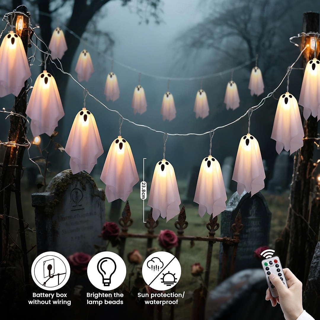 1 Pc Halloween 2.5M 10 luminous hanging ghost ghost light string AAA waterproof battery box 8 function remote control indoor and outdoor courtyard party Halloween atmosphere decoration light 2025 - $20.99 –P9