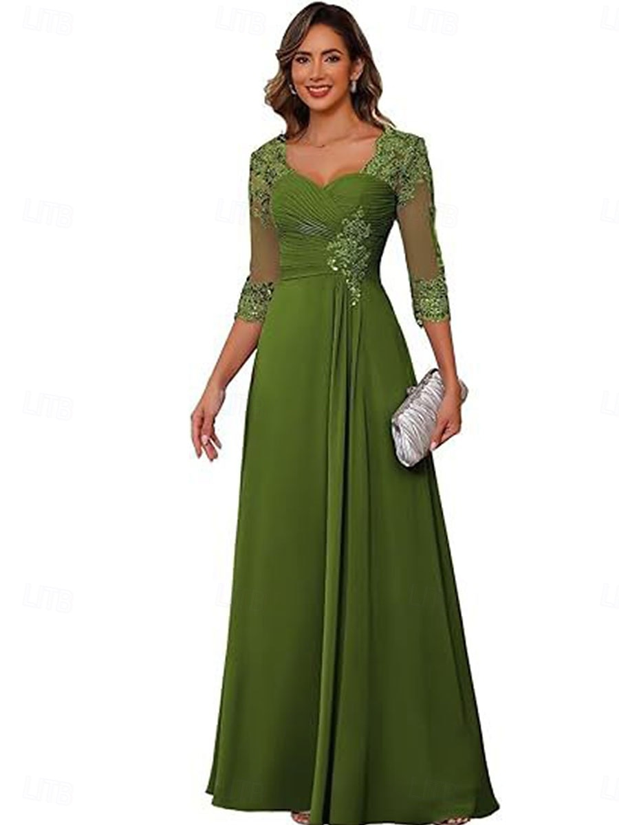 A-linje Kjole til brudens mor Elegant Enkel V-hals Gulvlengde Chiffon 3/4 ermer med Ensfarget 2025 2025 - $119.99 –P22