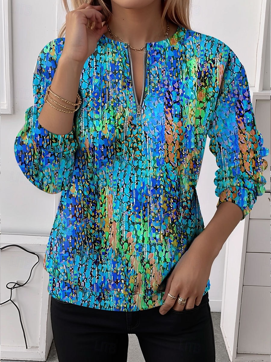 Dames Quarter Zipper Sweater Grafisch Abstract Casual Lange Mouwen Ronde Hals Reguliere Tops Street Dagelijks Gebruik Half Print Rood Blauw Paars Groen Herfst Winter 2025 - $27.99 –P3