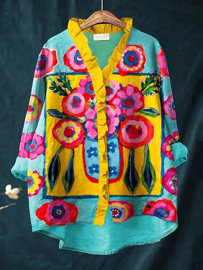 Per donna Camicia Boho Volant Floreale Elegante Bohemien Attivo Quotidiano Ferie Uscire Blu Giallo Rosso Fucsia Arancione Estate Primavera del 2026 a $29.99 –P6