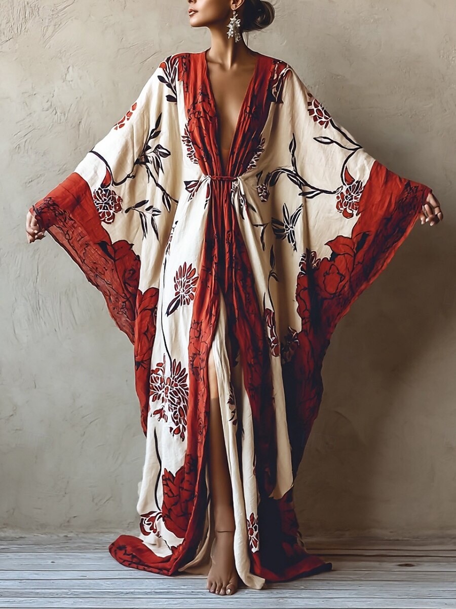 Robe longue pour femme, robe maxi, robe bohème, robe décontractée, robe trapèze, robe d'été, vintage, vacances, quotidien, plage, coupe classique, floral, manches longues, col en V, rouge, été, printemps, automne de 2025 ? $25.99 –P3