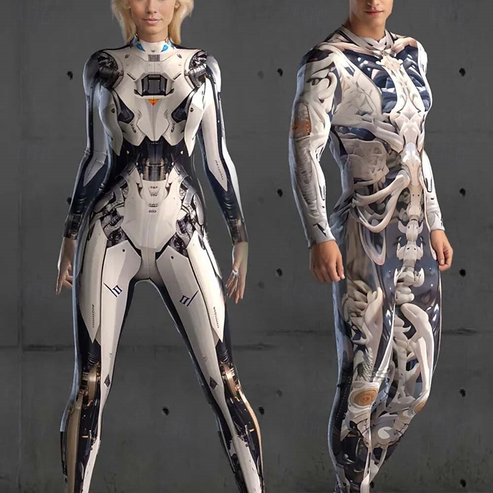 Crâne squelette cyborg robot body Halloween groupe couples costumes corps entier combinaison effrayant costume hommes femmes garçons enfants adultes performance fête club Halloween carnaval jour des de 2025 ? $25.99 –P1