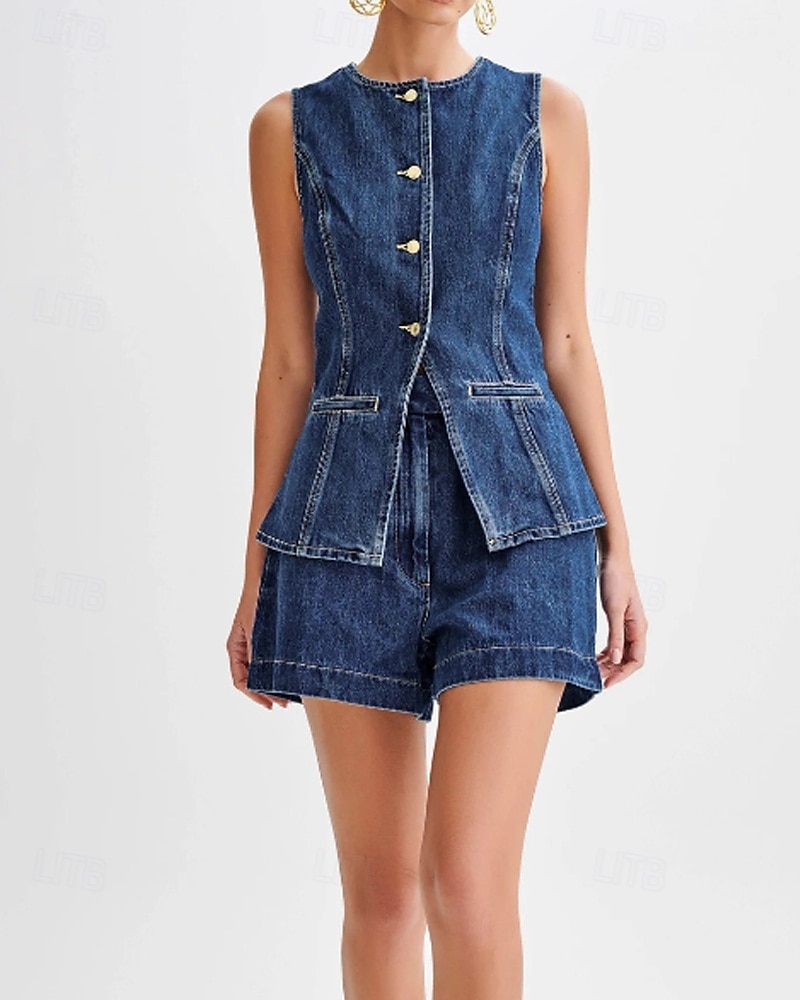 Women's Active Fashion Blouse Shorts Sets Sleeveless Crew Neck Solid Color Split Thigh Vacation Casual Daily Blue Summer Regular Fit 2025 - $48.99 –P7