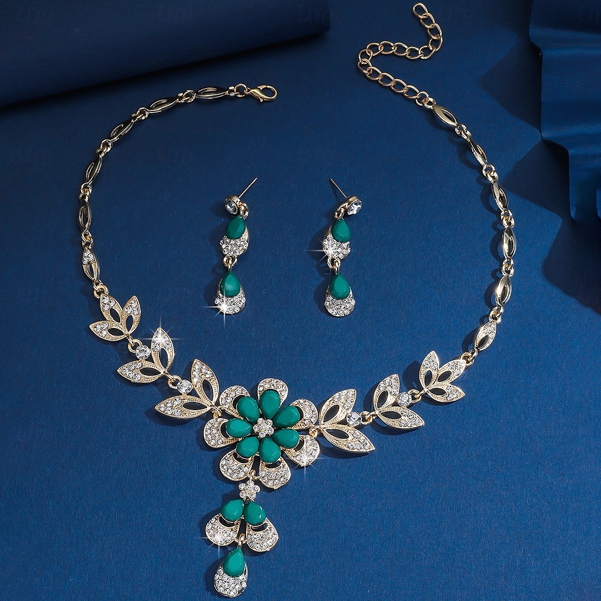Conjunto de collar y pendientes de cristal azul bañados en oro para mujer con diseño floral: elegante joyería de fiesta para eventos formales y celebraciones nocturnas. 2025 - $14.99 –P2