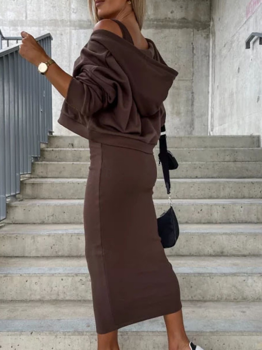 Femmes Robe Ensemble Robe fourreau Occasionnel Uni Froncé Robe Midi manche longue À capuche Extérieur Quotidien Noir Chameau Café Été Printemps Coupe régulière de 2025 ? $32.99 –P12