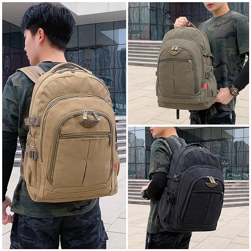 Herrryggsäck i vintage-canvas för resor och skola – stor ryggsäck i militärstil med flera fickor för utomhusbruk, vandring eller dagligt bruk 2025 - $29.99 –P1