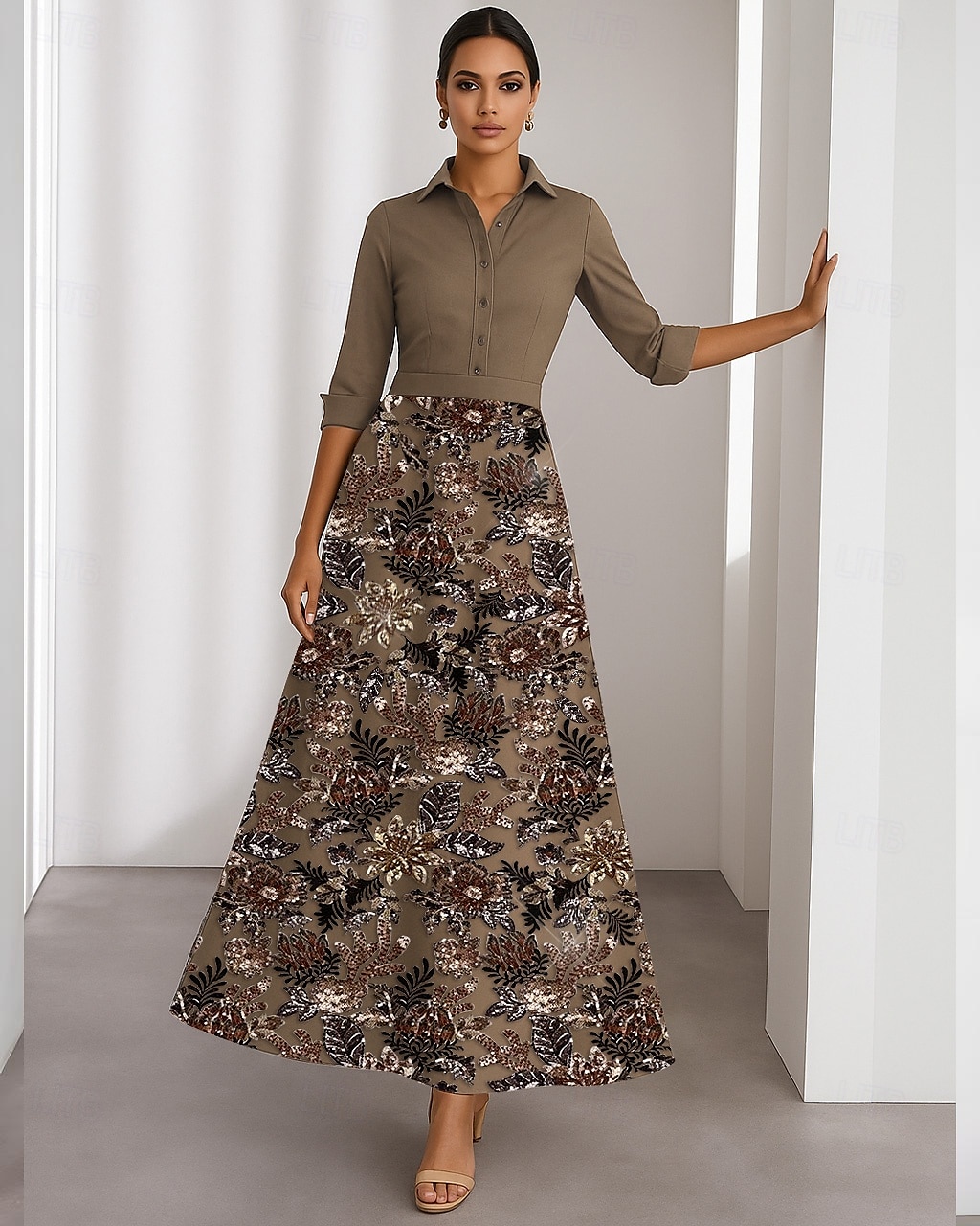 Vestidos de coquetel em linha A, vestido elegante, formal, casamento, comprimento chá, manga 3/4, gola estilo camisa, cetim com miçangas florais, renda 2025 de 2025 por $159.99 –P1