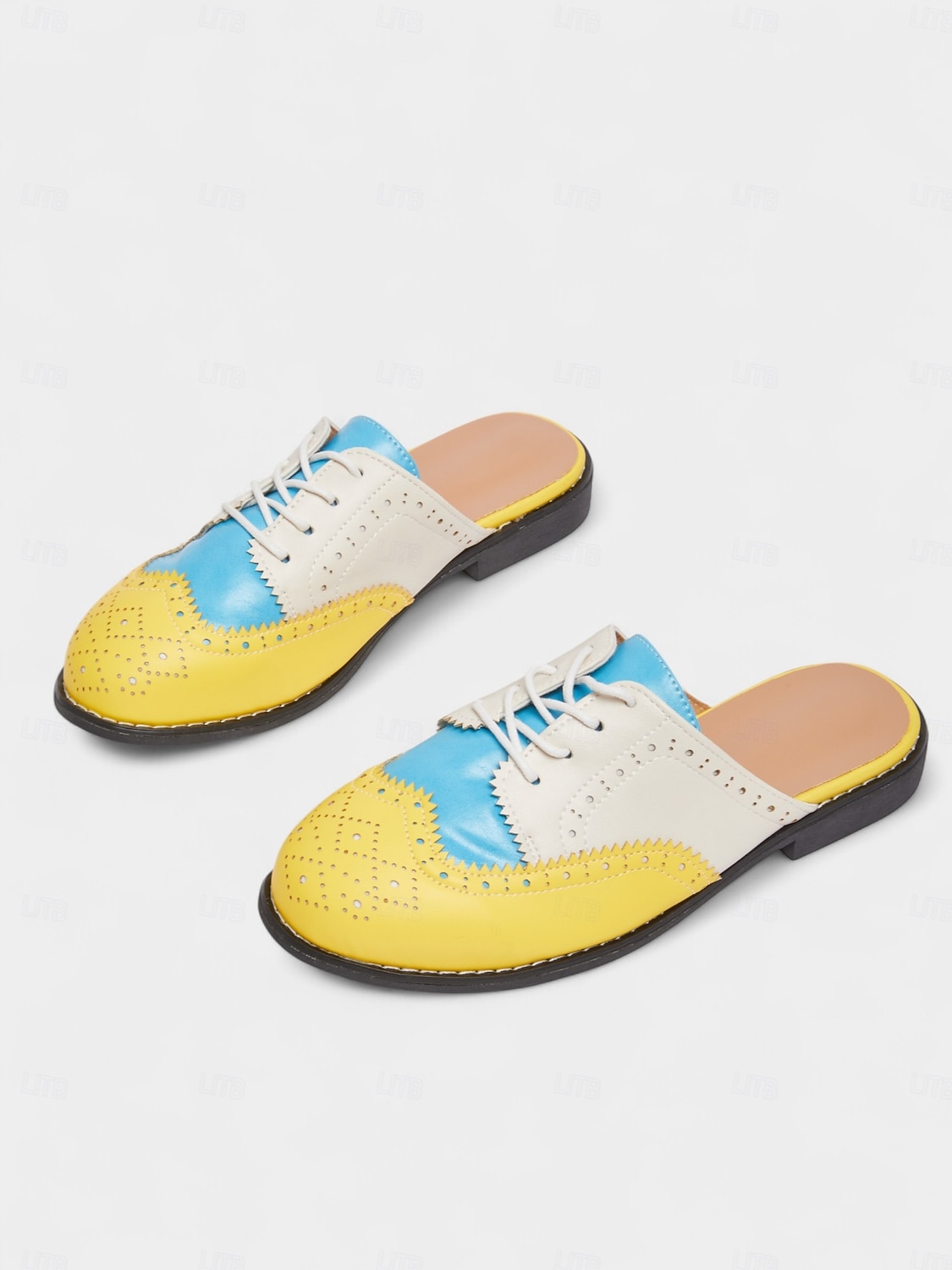 Women's 1950s Vintage Colorblock Wingtip Mule Oxford Shoes - Yellow Blue Slip-On Lace-Up Flats for Casual Street Style, Outings and Weekend Travel 2026 - $29.99 –P4
