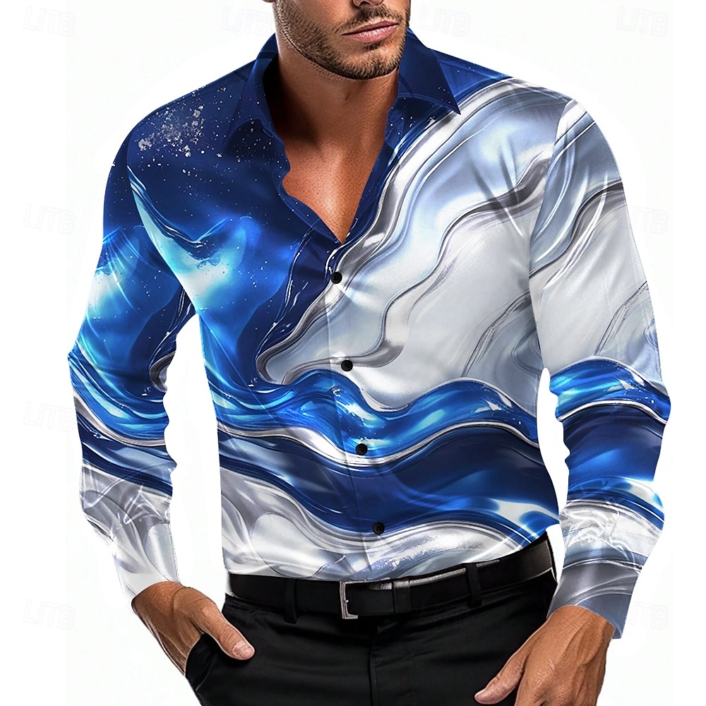Voor heren Verloop Golven Marmer Overhemd Satijnen overhemd Lange mouw Mode-casual Vakantie Dagelijks gebruik Zomer Lente Herfst Strijkijzer 3D-afdrukken Overhemden met knoopjes blauw Paars Groen 2025 - $27.99 –P1