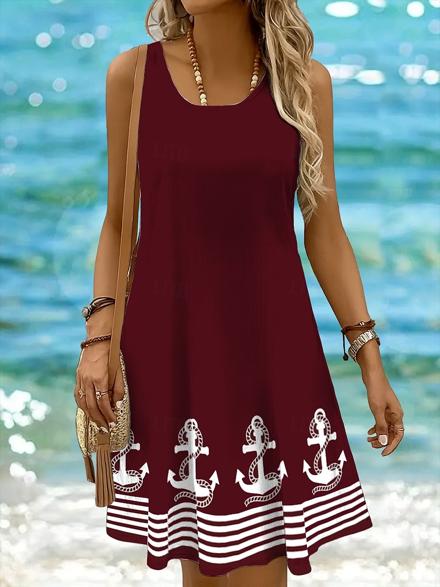 Dame Mini kjole Solkjole Kjole med A-linje Off The Shoulder-kjole Ferie Fritid Bohem Ferie Strand Normal Grafisk Geometrisk Stripe Ermeløs Crew-hals Øsehals Svart Hvit Gul Rosa Sommer Vår 2025 - $21.99 –P6