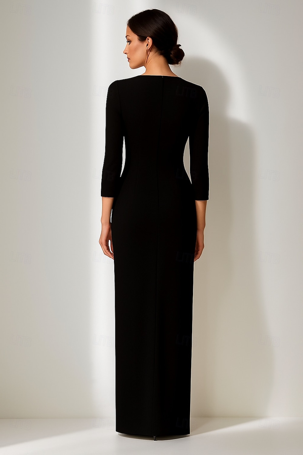 schwarz-weißes Etuikleid/Säulen-Abendkleid, elegantes Kleid, formelle Hochzeit, bodenlang, 3/4-Ärmel, quadratischer Ausschnitt, Stretch-Krepp mit floraler Perlenspitze, 2025 2025 - $139.99 –P2