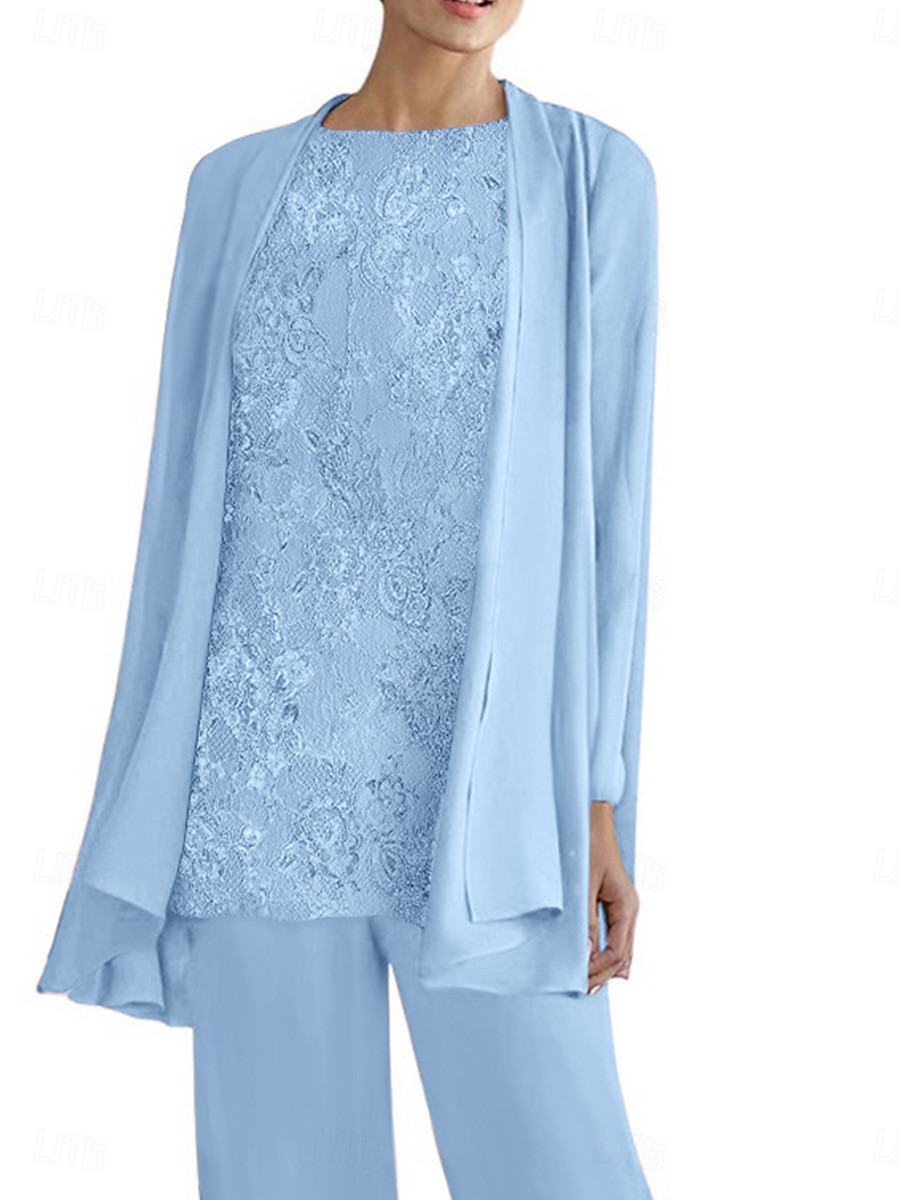 Tailleur-pantalon trois pièces robe mère de la mariée élégante col rond longueur sol polyester manches longues avec perles de 2025 ? $99.99 –P4