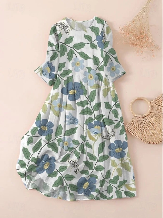 Women's Midi Dress T Shirt Dress Tee Dress A Line Dress Summer Dress Vacation Casual Beach Date Summer Dress Regular Fit Floral Graphic Short Sleeve Crew Neck Dark Brown Black White Light Green 2025 - $26.99 –P2