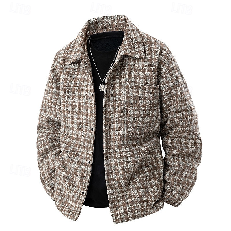 2025年 男性用 軽量ジャケット カジュアルジャケット バケーション 日常 保温 ポケット 秋 冬 チェック ファッション クラシック ラペル レギュラー ブラック カーキ色 グレー ジャケット  コレクション – $52.99 –P12