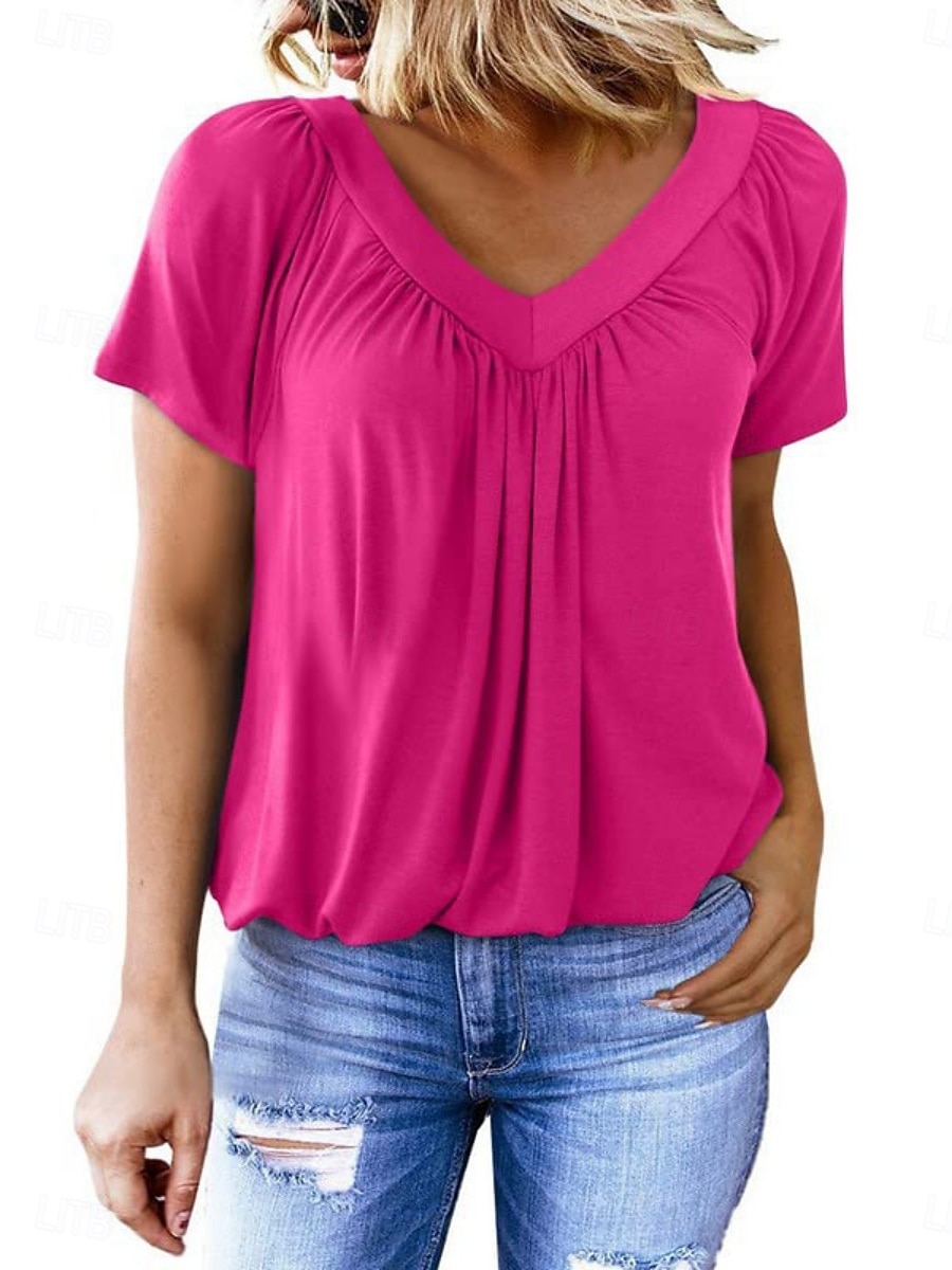Pentru femei Tricou Simplu Modă Modern Casual Manșon scurt În V Topuri obișnuite Zilnic Sfârșit de săptămână Alb Mov Fucsia Trifoi Vară 2025 - $14.99 –P2