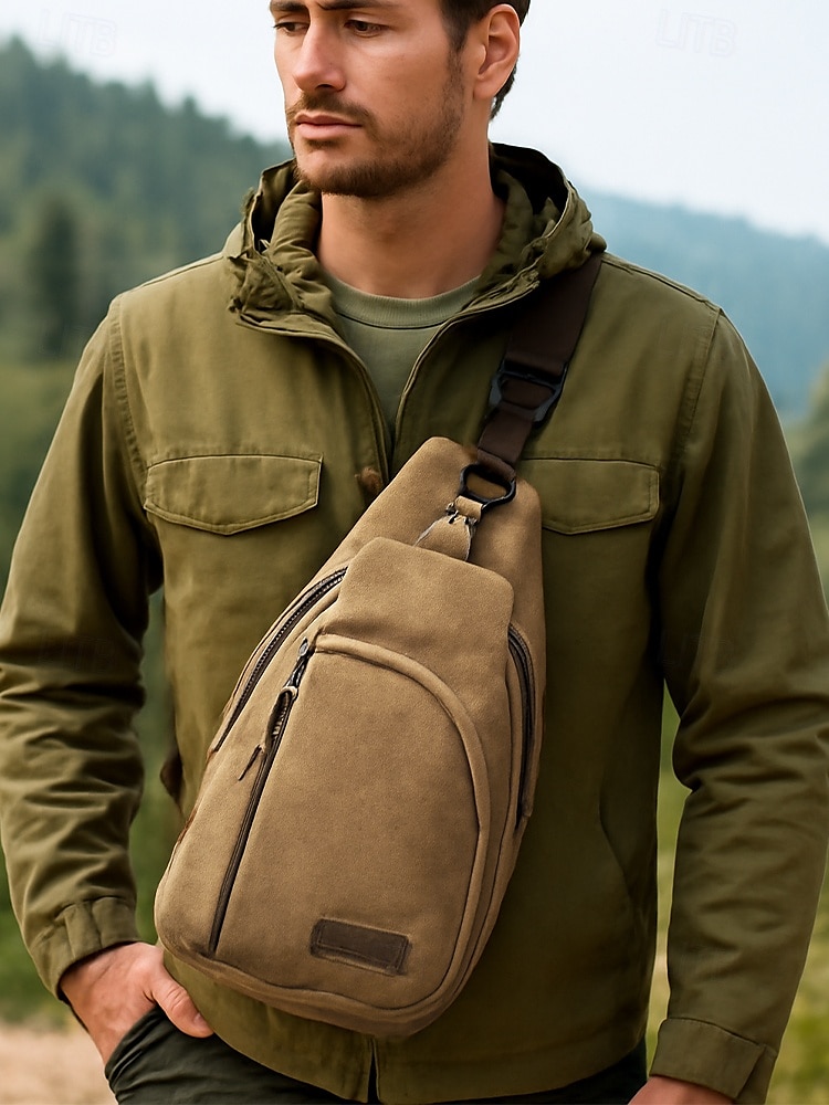 Zaino a tracolla in tela da uomo con più scomparti, borsa a tracolla vintage per escursioni all'aperto, viaggi e uso quotidiano casual del 2025 a $14.99 –P1