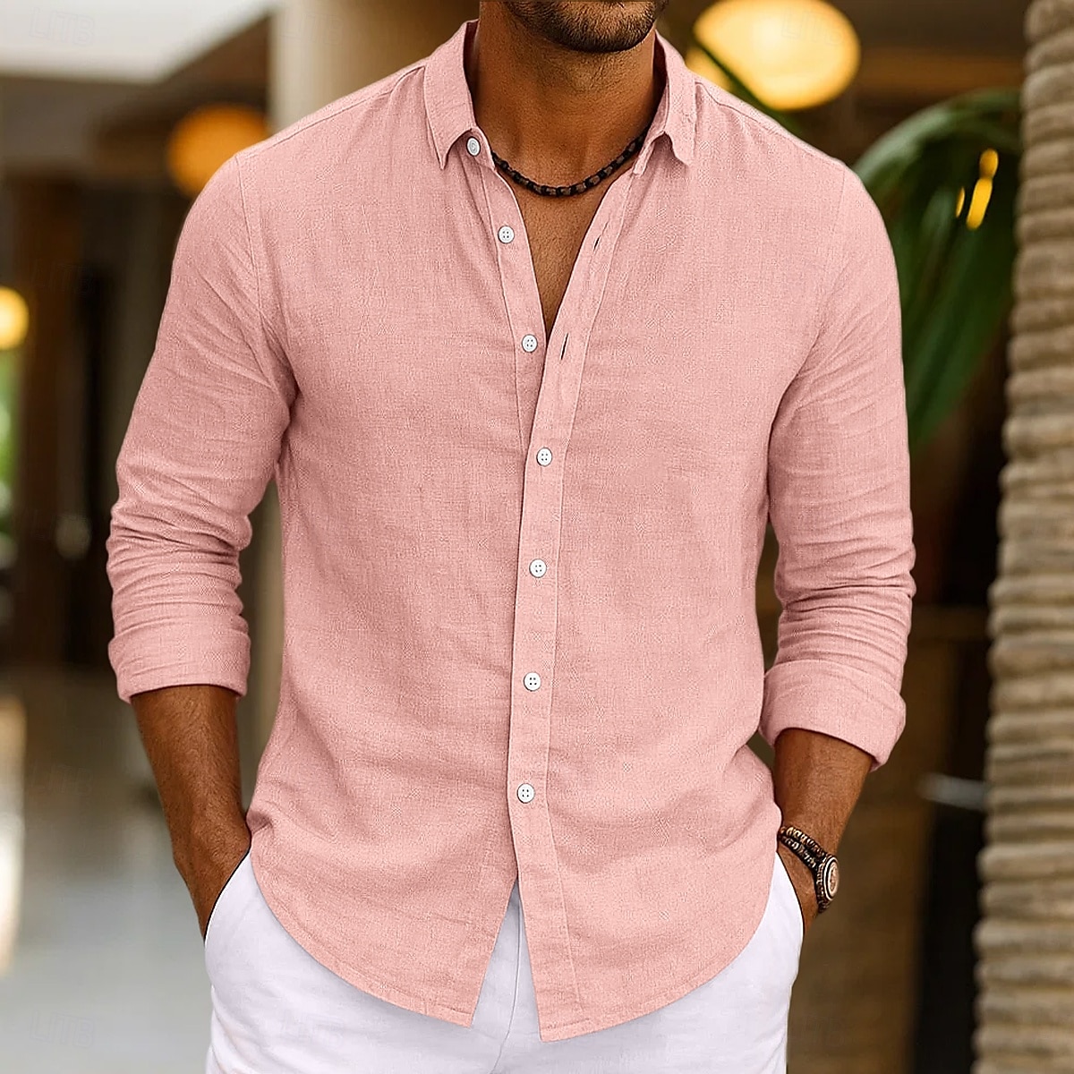Per uomo Camicia Camicia di lino Camicia Estiva Abbigliamento da spiaggia Camicia con Bottoni Semplice Vacanza Casuale Nero Rosa Blu marino Verde Manica Lunga Collo ripiegato Primavera & Estate del 2025 a $23.99 –P1