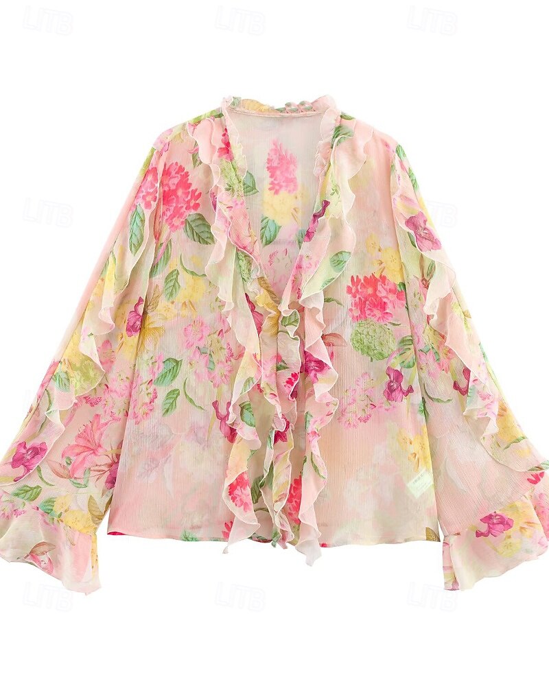 Dame Skjorte Bluse Blomsternål i krystall Stilfull Moderne Langermet V-hals Vanlige topper Ferie Ut på byen Trykt mønster Rosa Høst 2025 - $28.99 –P1