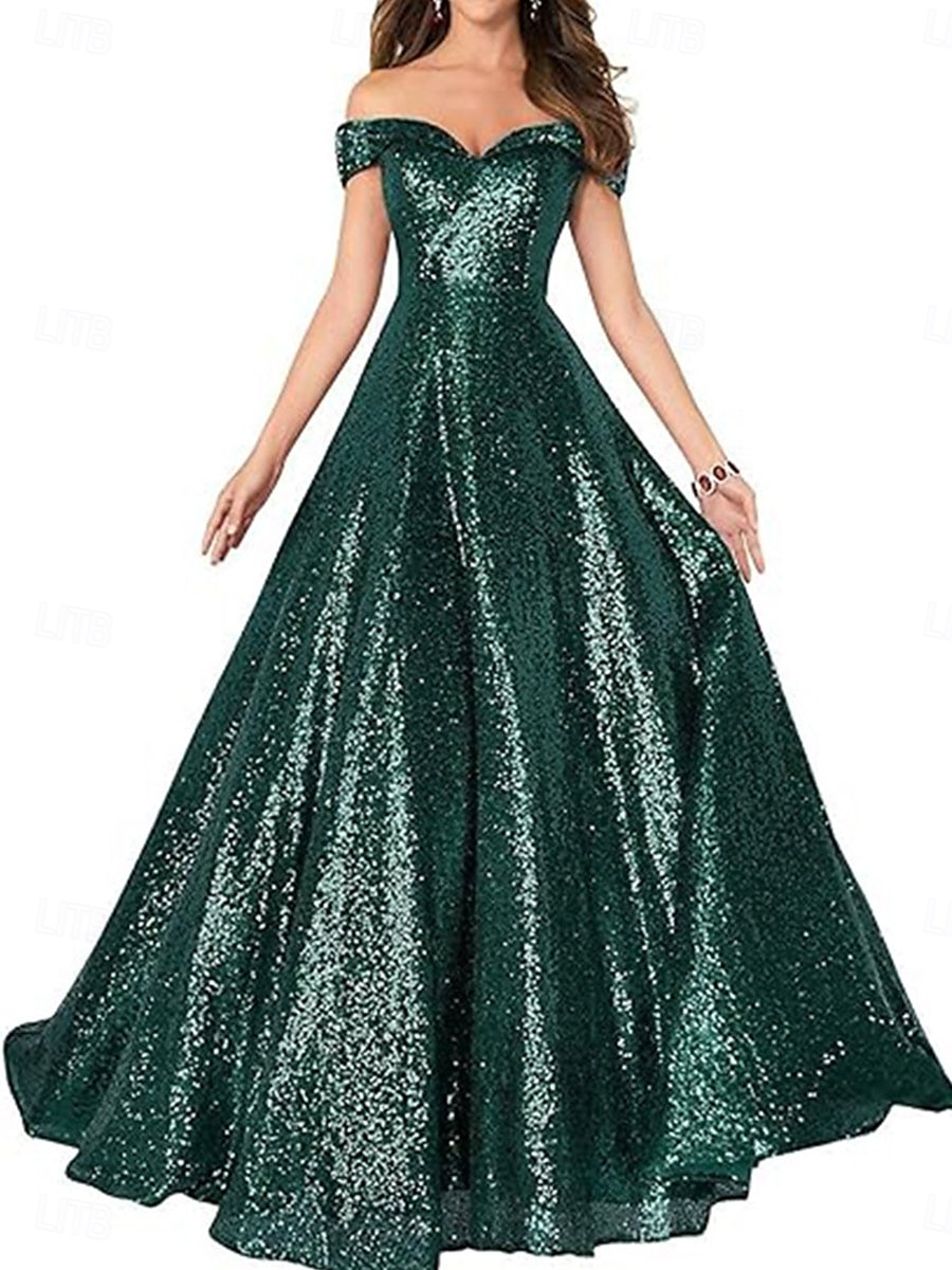 A-Line Evening Gown Elegant Dress Formal Performance Floor Length Short Sleeve Off Shoulder Sequined Backless with Pleats 2025 - $129.99 –P19