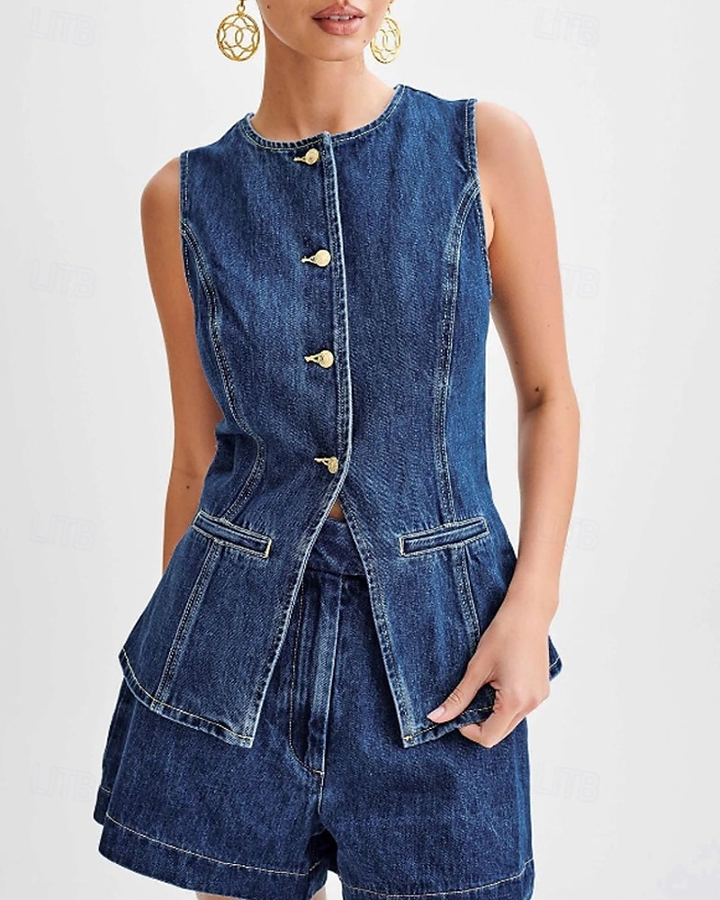 Women's Active Fashion Blouse Shorts Sets Sleeveless Crew Neck Solid Color Split Thigh Vacation Casual Daily Blue Summer Regular Fit 2025 - $48.99 –P5
