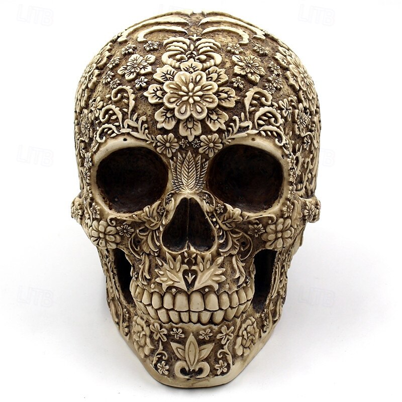 2025年 ハロウィン スカル オーナメント 花柄 スケルトン ヘッド フィギュア 樹脂製 ハロウィン パーティー バー デスクトップ 不気味なディスプレイ お化け屋敷 小道具 コレクター向け 装飾品  コレクション – $13.99 –P5