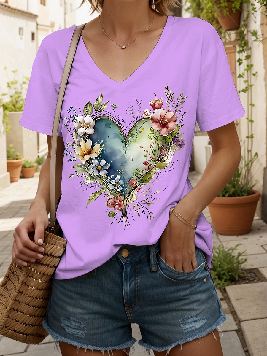 Femmes T-shirt Cœur Fleuri Graphique ancien Mode Hawaïen Manche Courte Col en V Hauts Réguliers Quotidien Sortir Week-end Imprimé Noir Blanche Jaune Rose Claire Bleu Été Printemps de 2025 ? $19.99 –P9