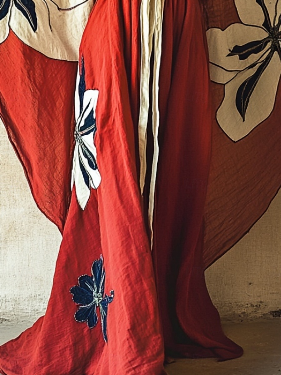 damska długa sukienka maxi sukienka boho sukienka na co dzień sukienka rozkloszowana sukienka letnia vintage wakacje codzienna plaża regularny krój kwiatowy 3/4 długości rękaw dekolt w serek czerwony lato wiosna jesień 2025 - $25.99 –P2