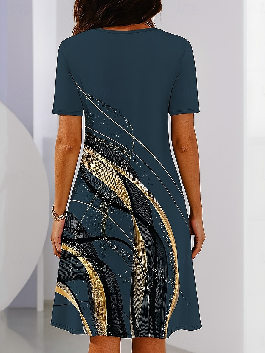 Elegantní dámské večerní midi šaty s krátkým rukávem a výstřihem do krku A-line šaty ležérní boho regular fit ombre grafika geometrická černá víno modrá nebeská modrá 2025 - $23.99 –P2