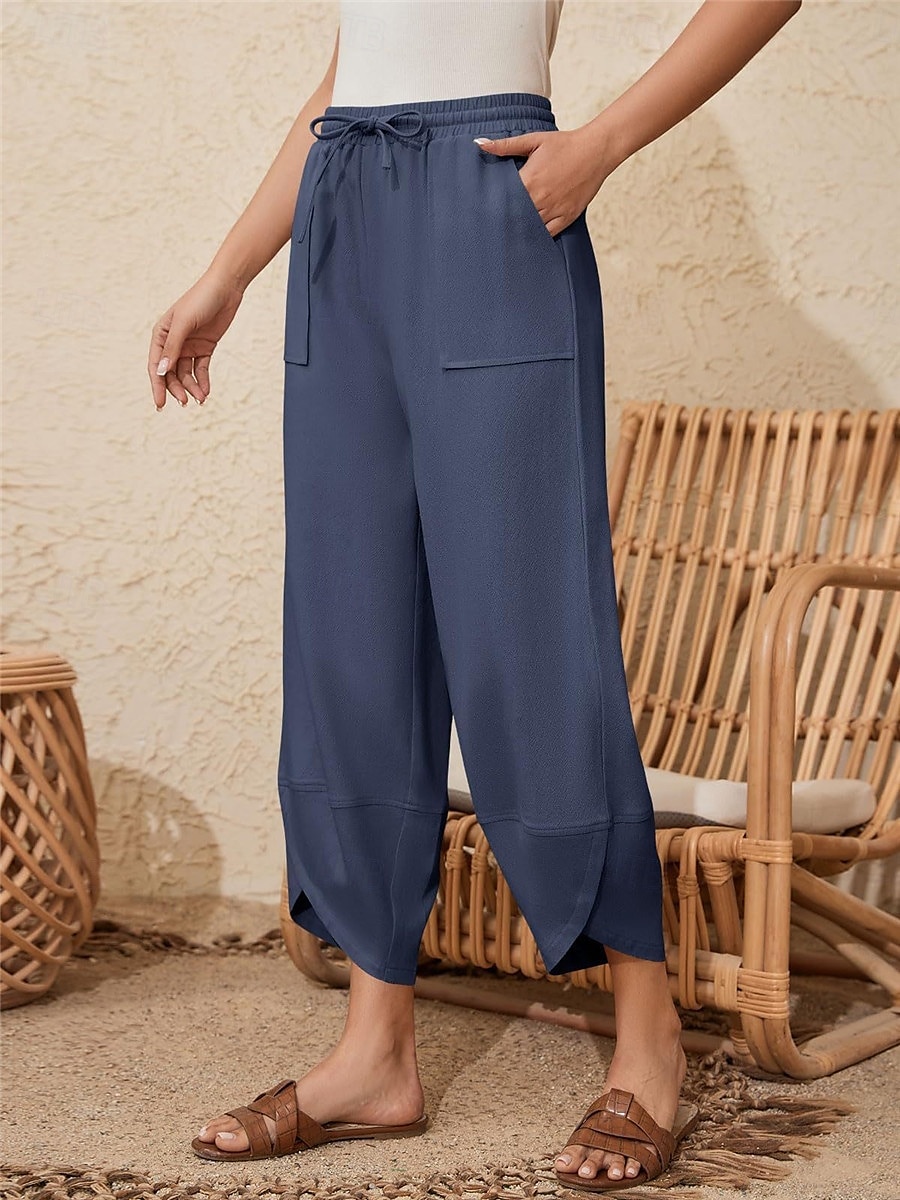 Mulheres Calças de linho de algodão chinês Moda Básico Comprimento total Cintura Alta Tecido Bolsos Com Cordão Conforto Exterior Micro-Elástica Férias Rua Diário Verde Militar Preto Azul cáqui Verão de 2025 por $23.99 –P5
