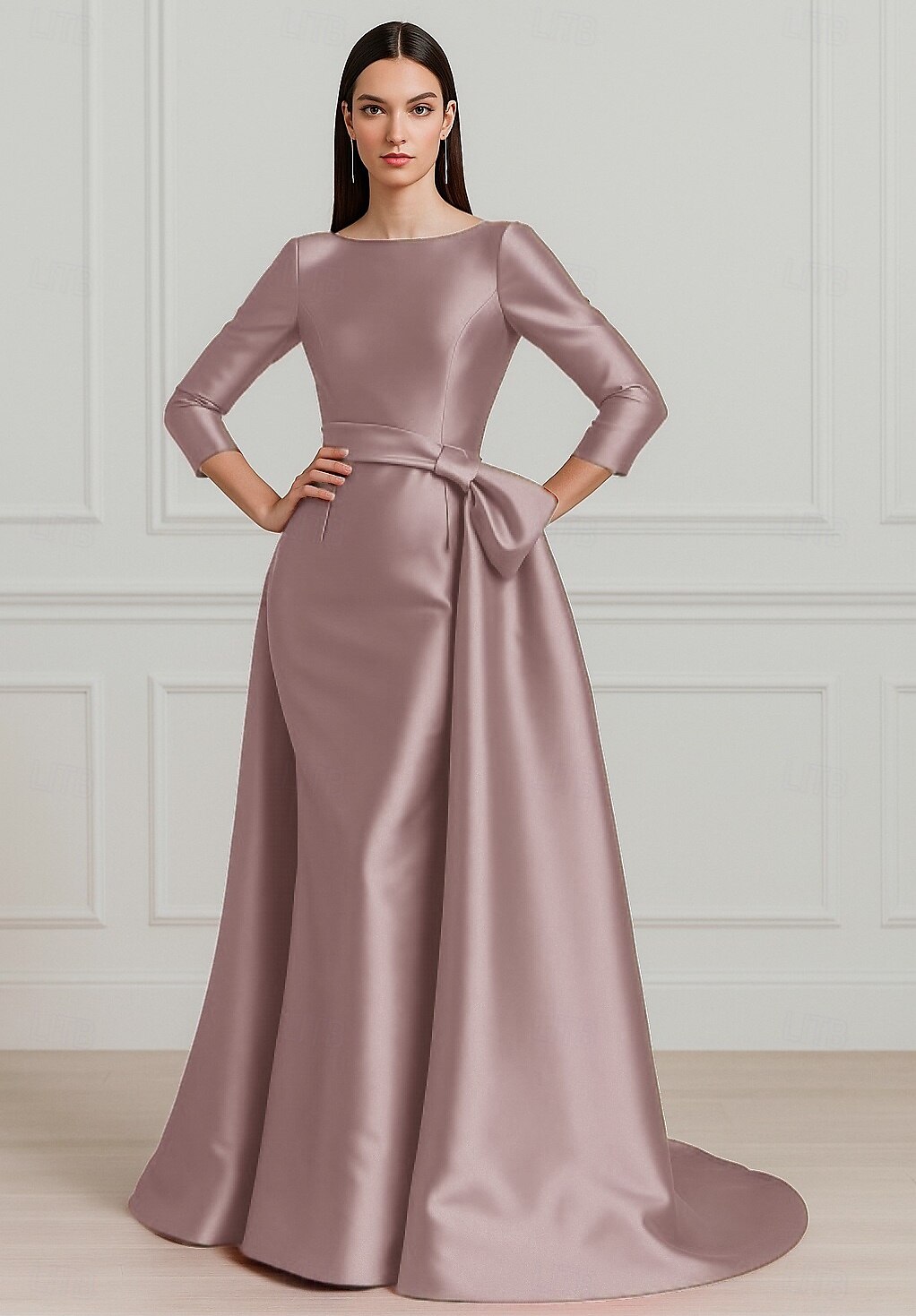 rot-schwarzes A-Linien-Abendkleid, elegantes Kleid, formelle Hochzeit, bodenlang, 3/4-Ärmel, Rundhalsausschnitt, Stretch-Satin mit Falten, 2025 2025 - $139.99 –P4