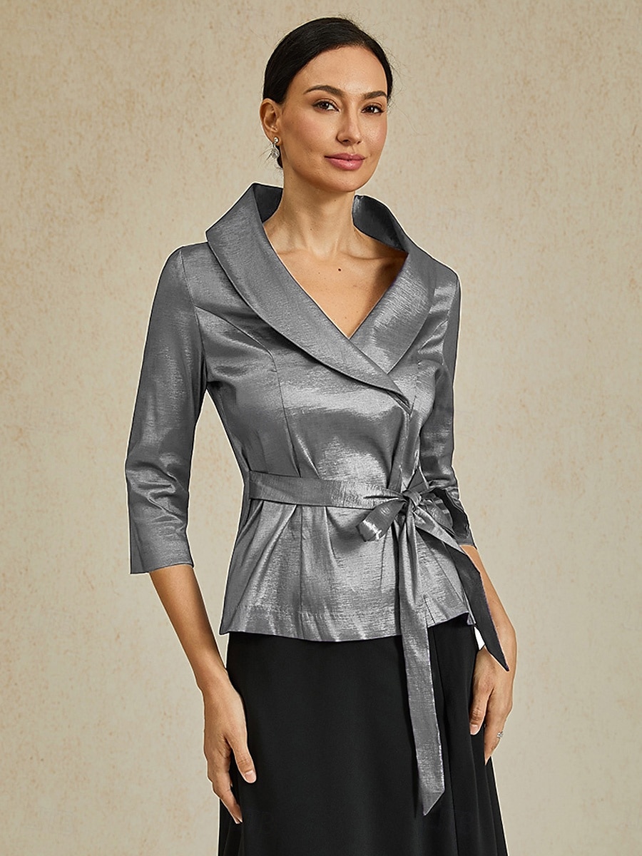 Dame Bluse Kveldstopper Elegant metallic Stilfull 3/4 ermer V-hals Vanlige topper Bryllupsgjest Aftenselskap Semi-formelt knyte foran Grå Vår, Høst, Vinter, Sommer 2025 - $79.99 –P1