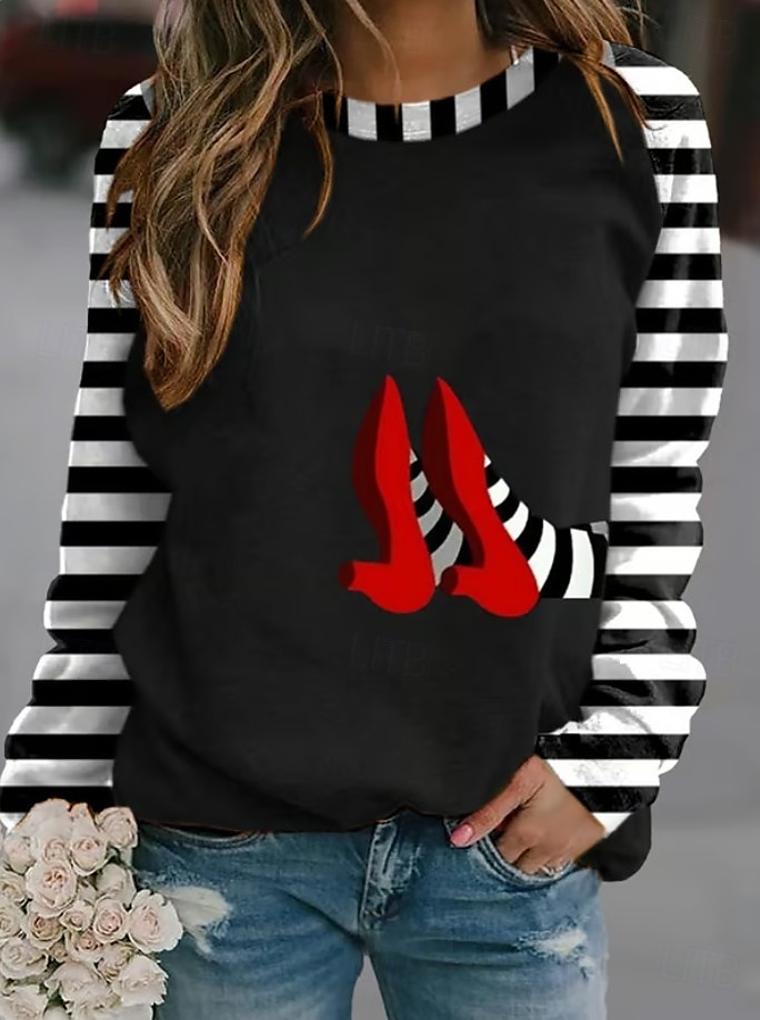 Sweat-shirt à capuche pour femmes Halloween graphique à rayures mode décontractée à manches longues col rond hauts réguliers vêtements de rue quotidiens imprimé décontracté noir vert beige automne de 2025 ? $22.99 –P1