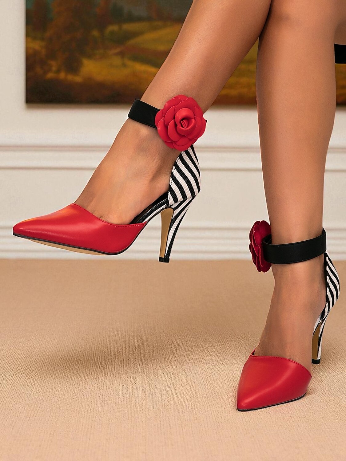 Γυναικείες ριγέ γόβες στιλέτο εμπνευσμένες από τη δεκαετία του 1950 με λουράκι στον αστράγαλο με κόκκινο τριαντάφυλλο – ρετρό γόβες με μυτερή μύτη για πάρτι, παραστάσεις και βραδινά ραντεβού 2026 - $54.99 –P3