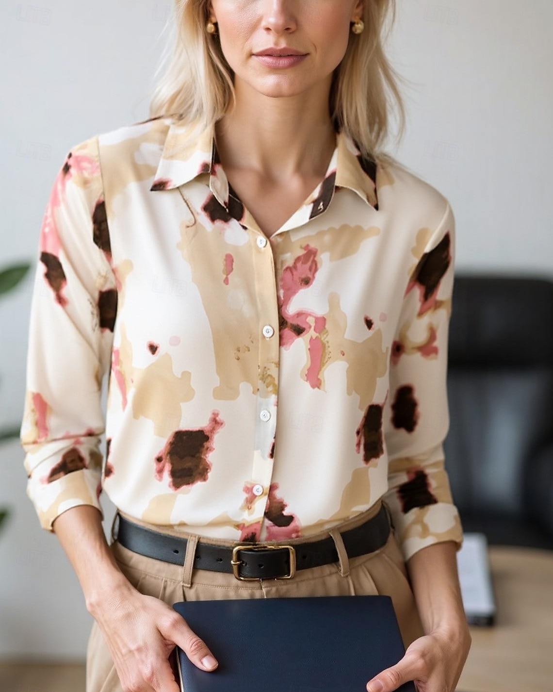 Women's Blouse Dressy Tops Chiffon Tops Graphic Color Block Elegant Daily Stylish Long Sleeve Shirt Collar Regular Tops Work Daily Buttons Print Yellow Wine Green Beige Gray Spring, Fall, Winter 2025 - $24.99 –P1