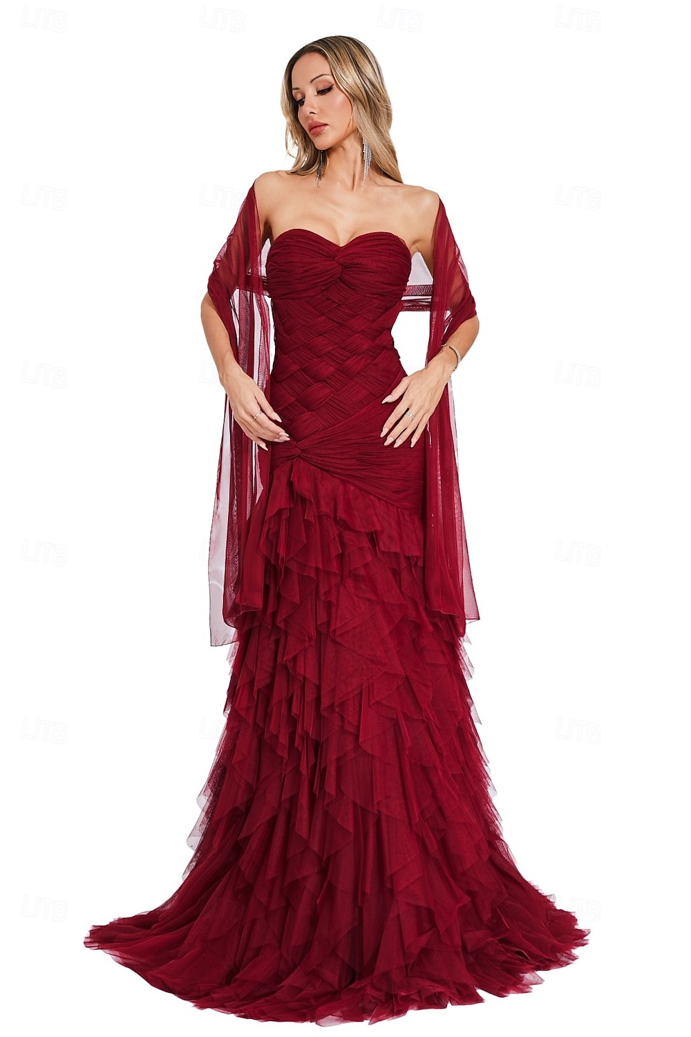 Vestido de Festa de Sereia  Trompete Elegante Vestido Formal de Baile com Cauda Sem Mangas Gola Coração em Tule com Pregas e Xale de 2025 por $330.19 –P1