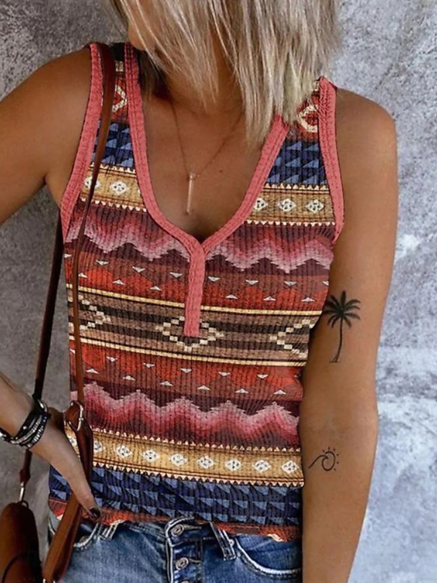 Femmes Débardeur caraco Fleuri Graphique Géométrique Bohème ancien Élégant Sans manches Col en V Hauts Réguliers Quotidien Imprimé Noir Rose Claire Bleu Marron Beige Été Printemps de 2025 ? $17.99 –P2