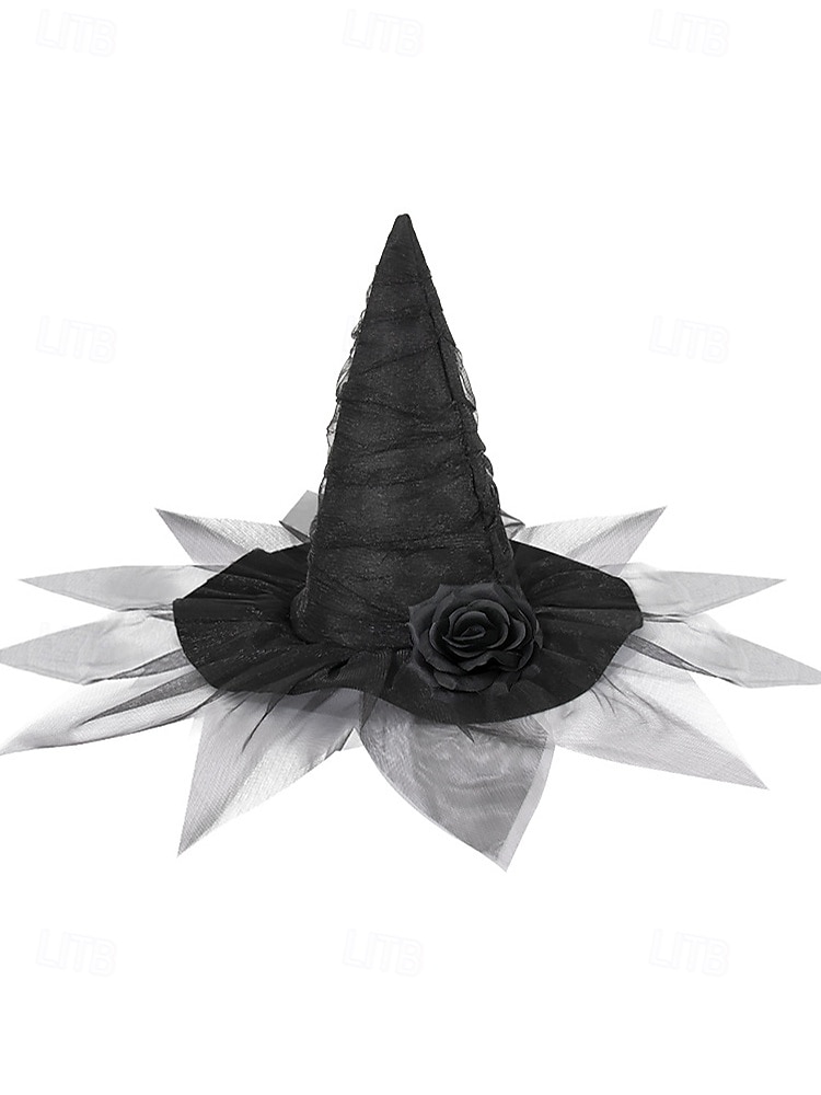 cappello da strega di Halloween da donna con velo a rete e rosa – cappello gotico a punta per feste in maschera, cosplay ed eventi a tema del 2025 a $14.99 –P7