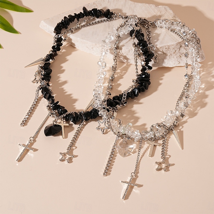 Collana girocollo in pietra nera punk gotica da donna con ciondoli a forma di croce, cuore e stella - gioiello importante per feste, discoteche e serate fuori del 2025 a $14.99 –P3